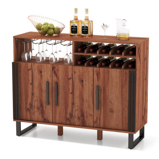 Home Wine Bar Cabinet with 3 Doors and Adjustable Shelves-Brown