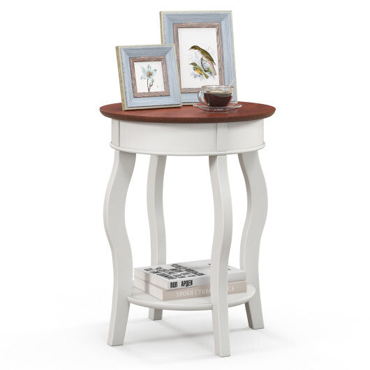 2-Tier Round End Table with Storage Shelf and Solid Rubber Wood Legs-Walnut & White