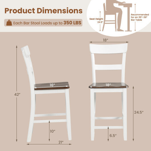 Farmhouse Dining Bar Stool Set of 2 with Solid Rubber Wood Frame-White