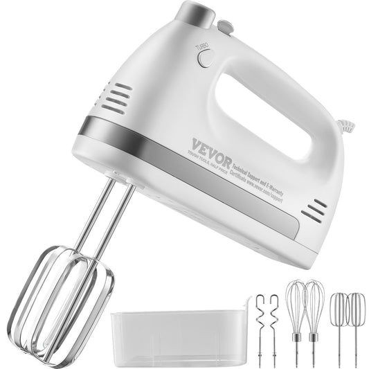 VEVOR Electric Hand Mixer, 5-Speed, 250 Watt Portable Electric Handheld Mixer, with Turbo Boost Beaters Dough Hooks Whisk Storage Case, Baking Supplies for Whipping Mixing Egg Cookie Cake Cream Batter