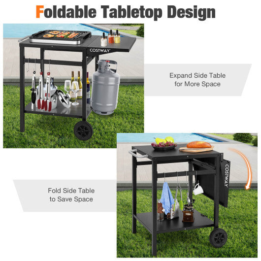 Movable Outdoor Grill Cart with Folding Tabletop and Hooks-Black