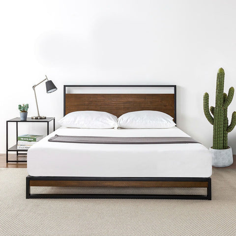 King size Metal Wood Platform Bed Frame with Headboard