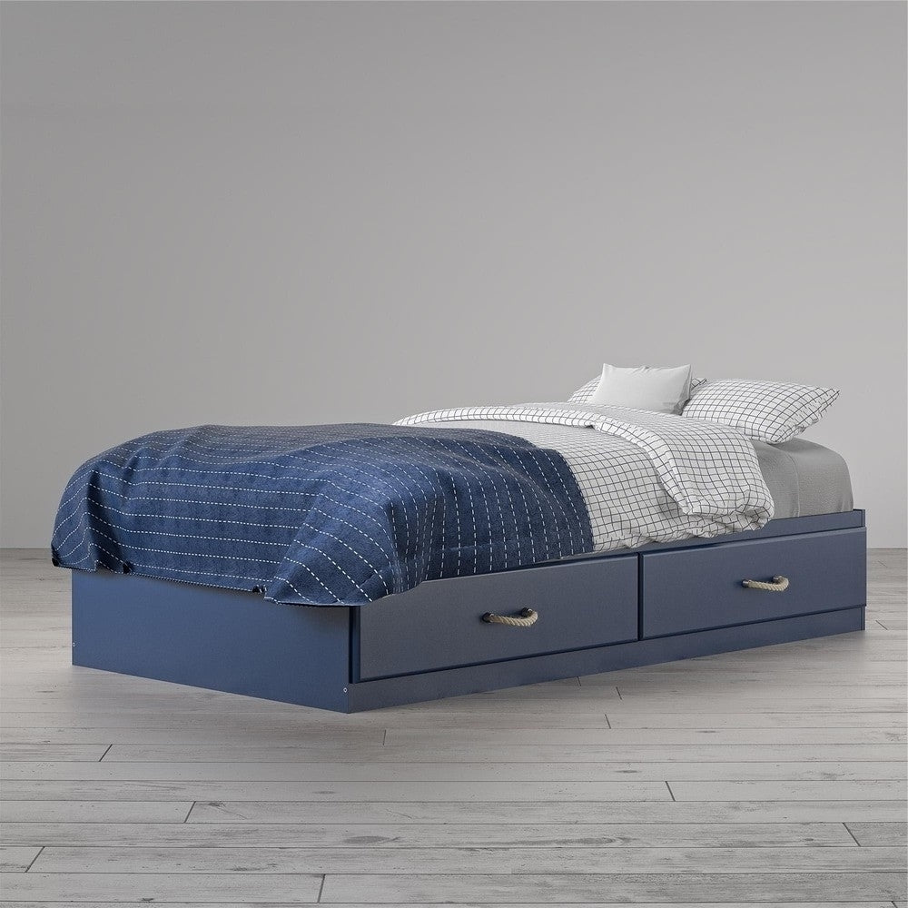 Twin Size Blue Platform Bed with 2 Storage Drawers Rope Handles