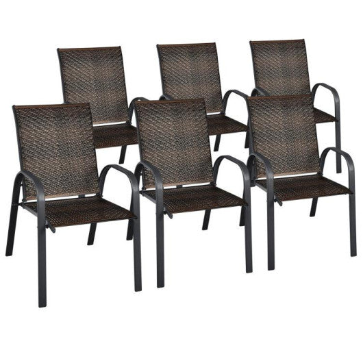 Set of 6 Outdoor PE Wicker Stackable Chairs with Sturdy Steel Frame-Gray