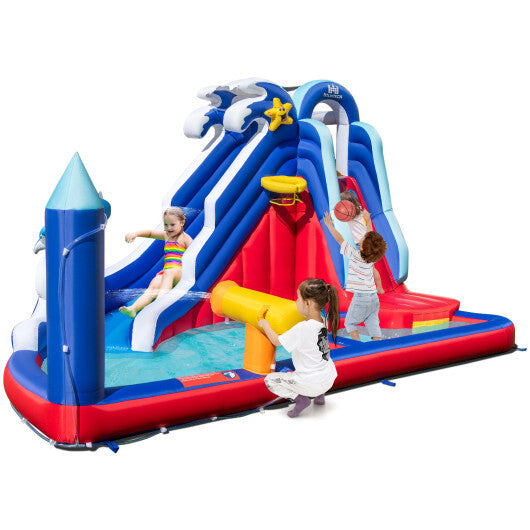 6-In-1 Inflatable Water Park with Climbing Wall Splash Pool (Without Blower)