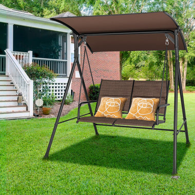 2 Person Porch Swing with Adjustable Canopy and Padded Seat-Brown