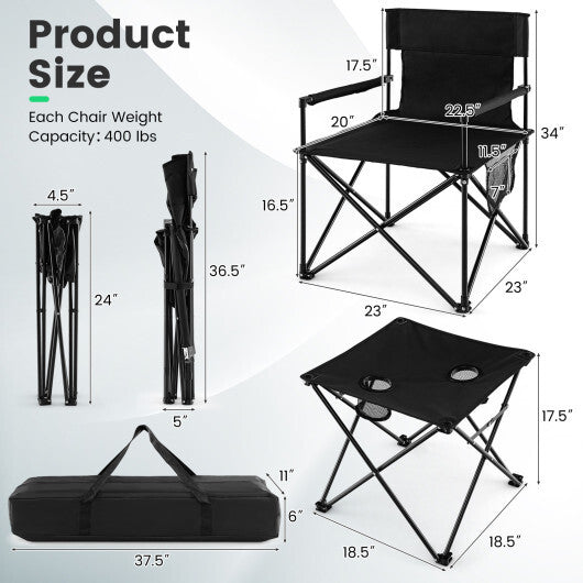 Outdoor Folding Camping Chairs and Table Set with Carrying Bag-Black