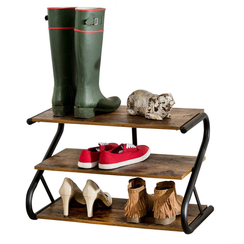 Modern Industrial Metal Wood 3-Tier Shoe Rack - Holds up to 9 Pair of Shoes