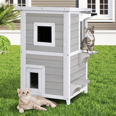 2-Story Wooden Cat House with Escape Door Rainproof