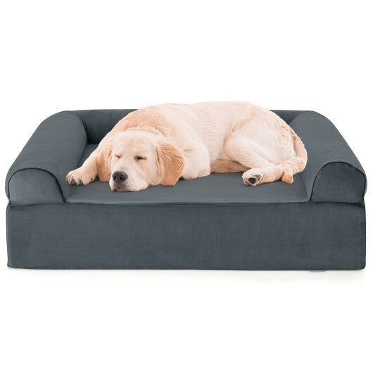 Orthopedic Dog Bed Memory Foam Pet Bed with Headrest for Large Dogs-Grey