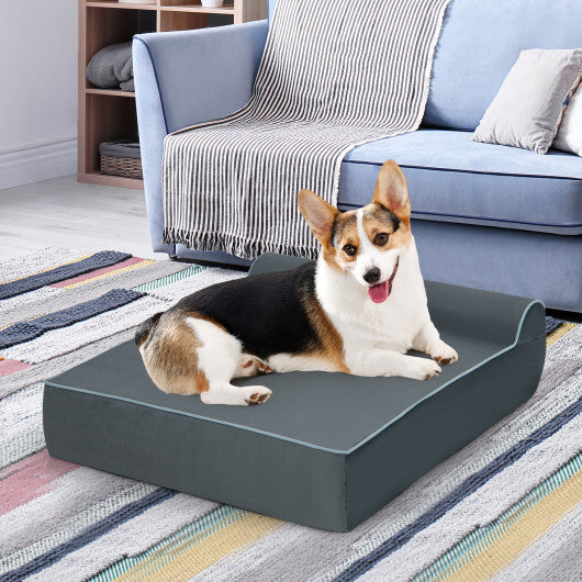 Orthopedic Dog Bed with Headrest and Removable Washable Cover-Grey