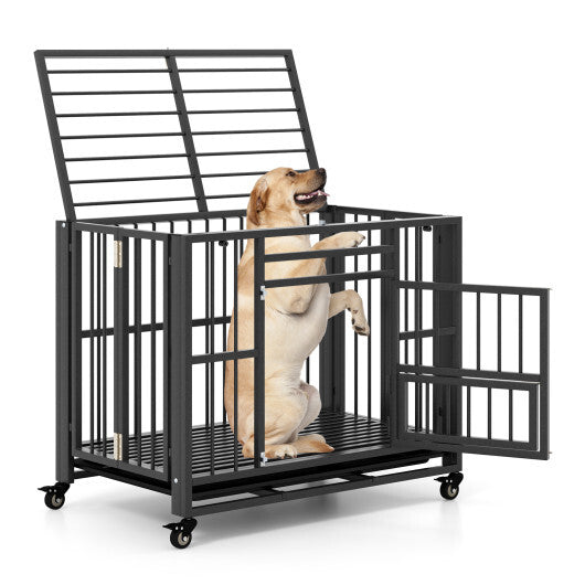 Foldable Heavy-Duty Metal Dog Cage Chew-proof Dog Crate with Lockable Universal Wheels