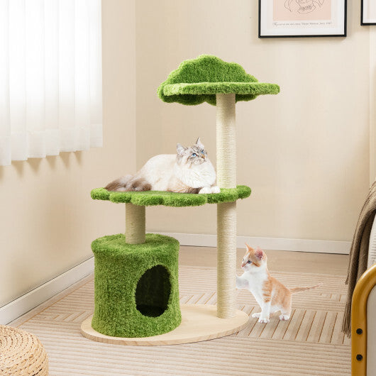 38 Inch Cute Cat Tree for Indoor Cats with Fully Wrapped Sisal Scratching Posts-Green