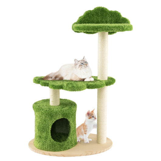 38 Inch Cute Cat Tree for Indoor Cats with Fully Wrapped Sisal Scratching Posts-Green