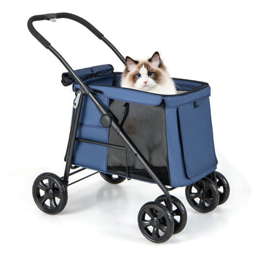 Folding Pet Stroller for Small and Medium Pets with Breathable Mesh andx One-Button Foldable-Gray