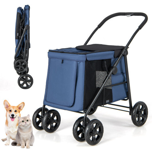 Folding Pet Stroller for Small and Medium Pets with Breathable Mesh andx One-Button Foldable-Gray