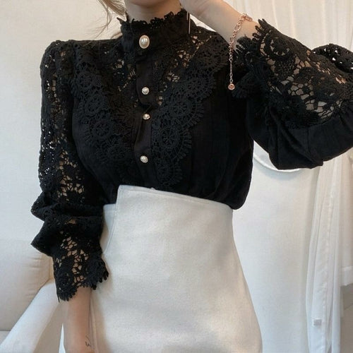 Petal Sleeve Stand Collar Hollow Out Flower Lace Patchwork Shirt
