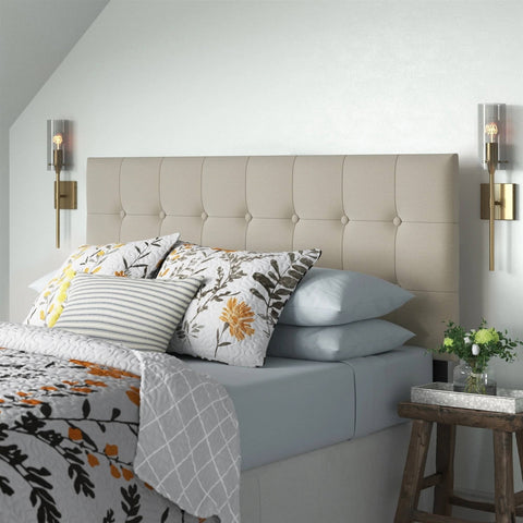 Queen Button-Tufted Headboard in Light Grey Beige Taupe Upholstered Fabric
