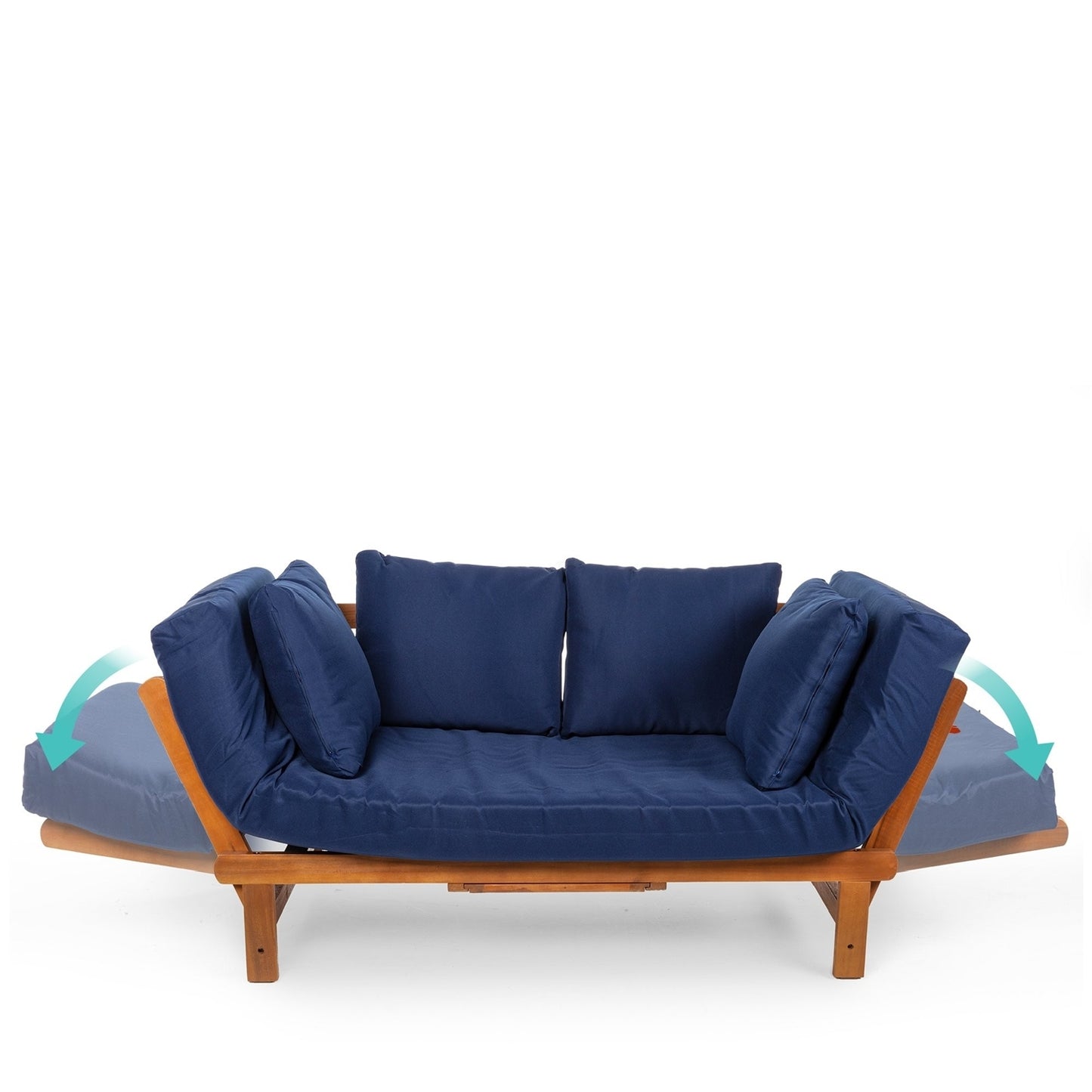 Navy Blue Outdoor Acacia Wood Convertible Sofa Futon with 4 Removable Pillows