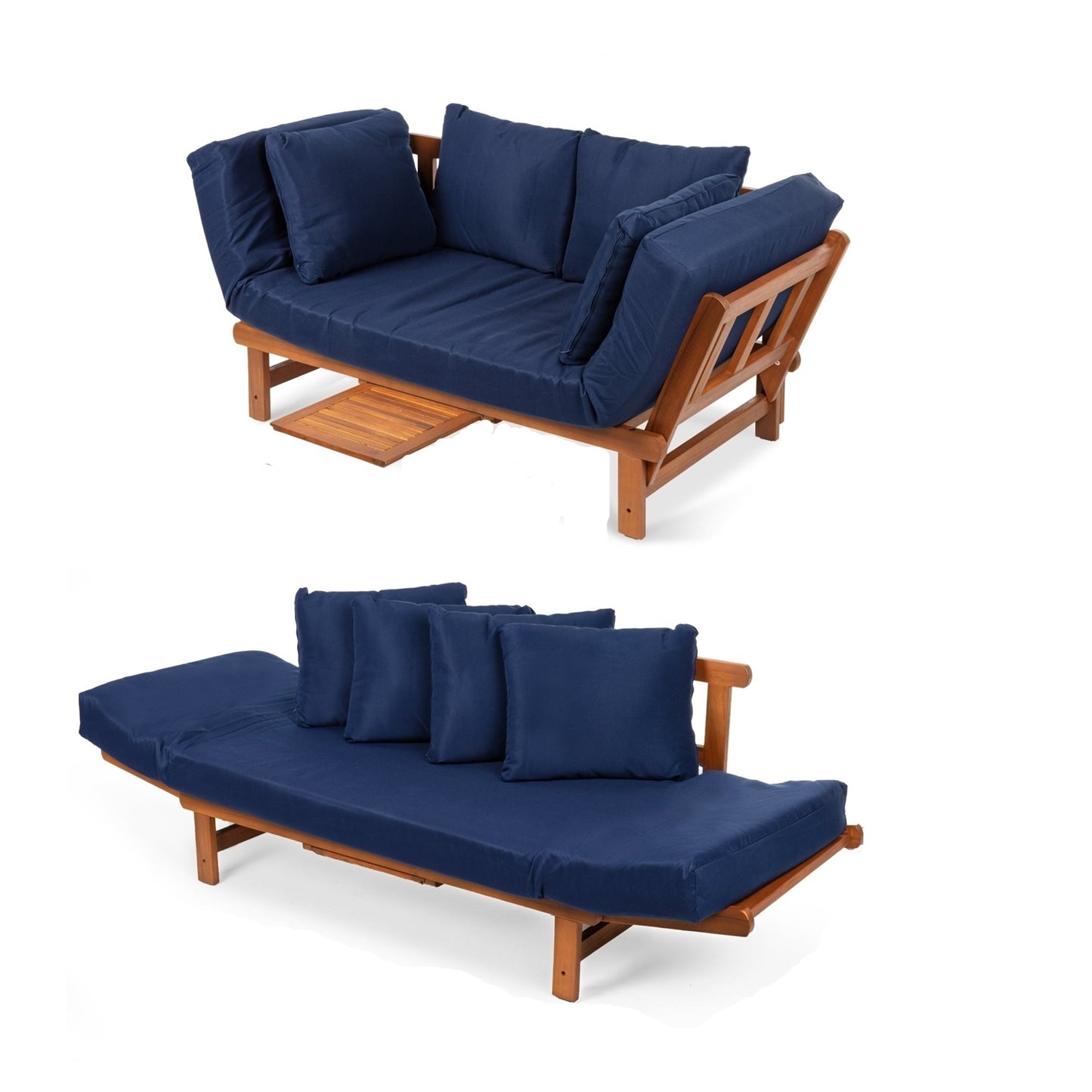 Navy Blue Outdoor Acacia Wood Convertible Sofa Futon with 4 Removable Pillows