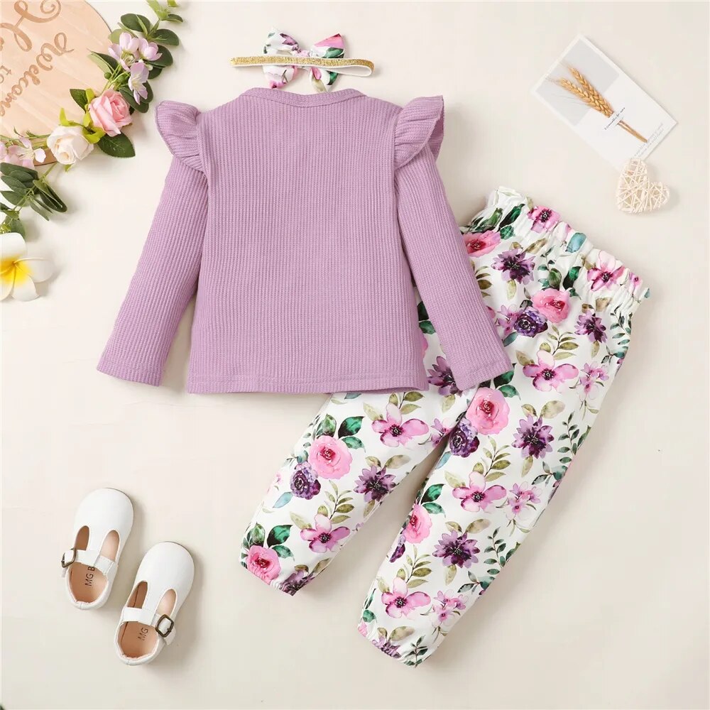 1-5 Years Kids Girl Long Sleeve Clothes Set Solid Color Ribbed Shirt+Floral Pants+Headband Autumn 3PCS Outfit for Toddler Girl