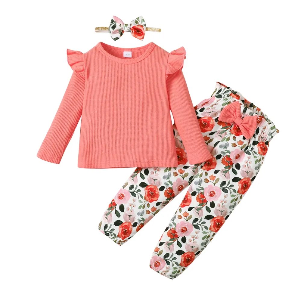 1-5 Years Kids Girl Long Sleeve Clothes Set Solid Color Ribbed Shirt+Floral Pants+Headband Autumn 3PCS Outfit for Toddler Girl