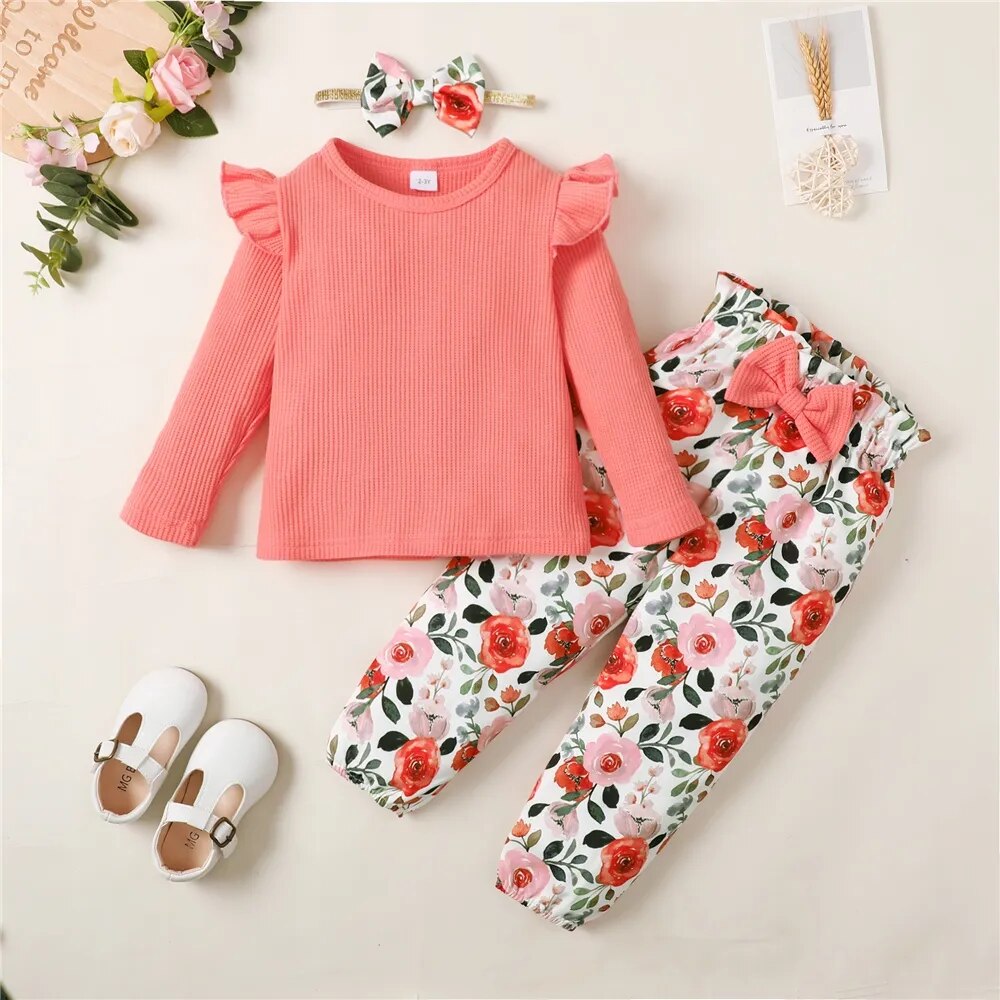 1-5 Years Kids Girl Long Sleeve Clothes Set Solid Color Ribbed Shirt+Floral Pants+Headband Autumn 3PCS Outfit for Toddler Girl