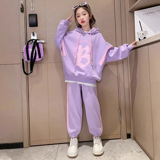 Girls Casual Sweatshirt Set Autumn Clothes Kids Letter Printed Splicing Hooded Top Long Pants 2 Pcs Set 3-15Y Teenagers  Trend