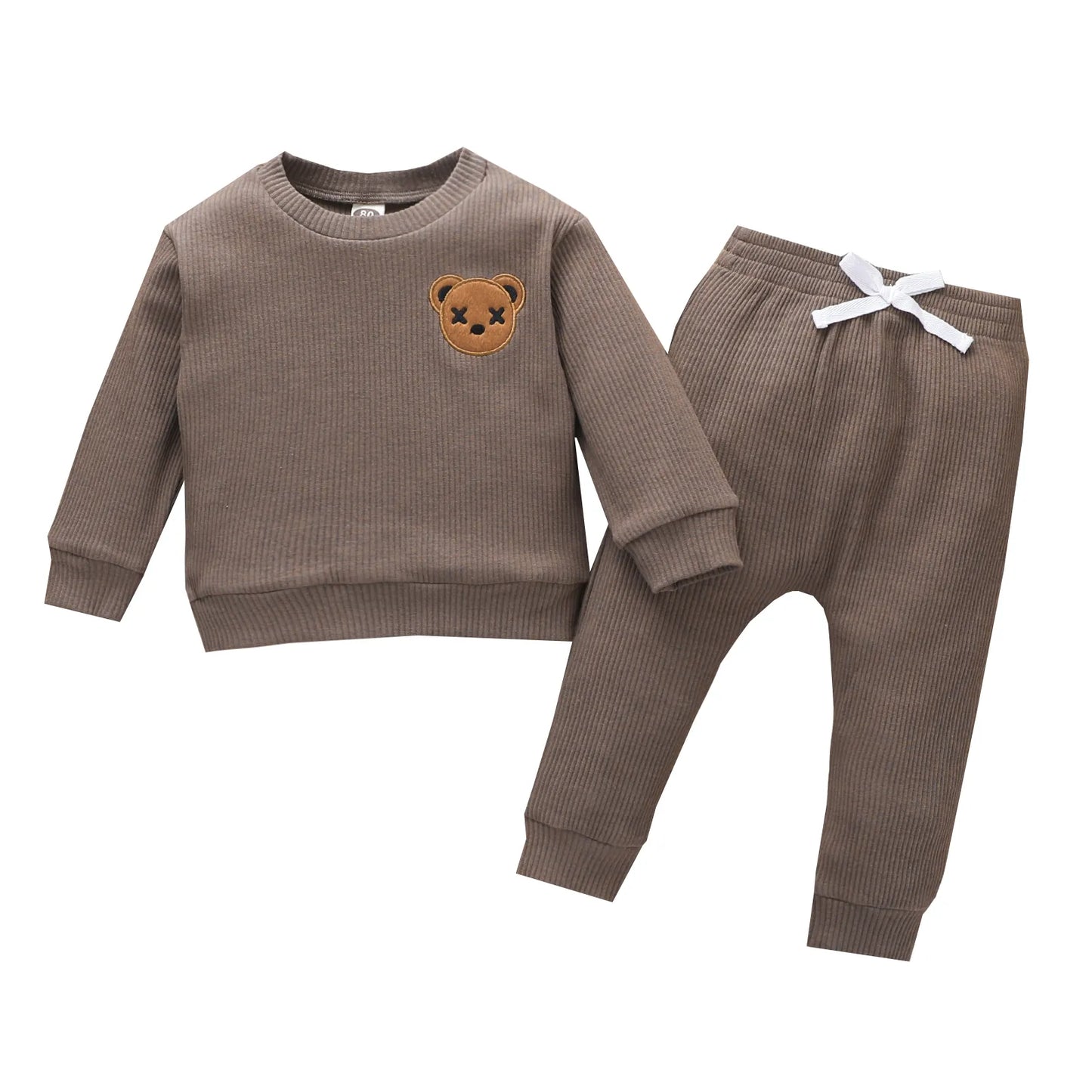 Toddler Boys Clothes Set Round Neck Long Sleeve Embroidered Bear Patch Tops Elastic Waist Long Pants Kids Autumn Casual Outfit