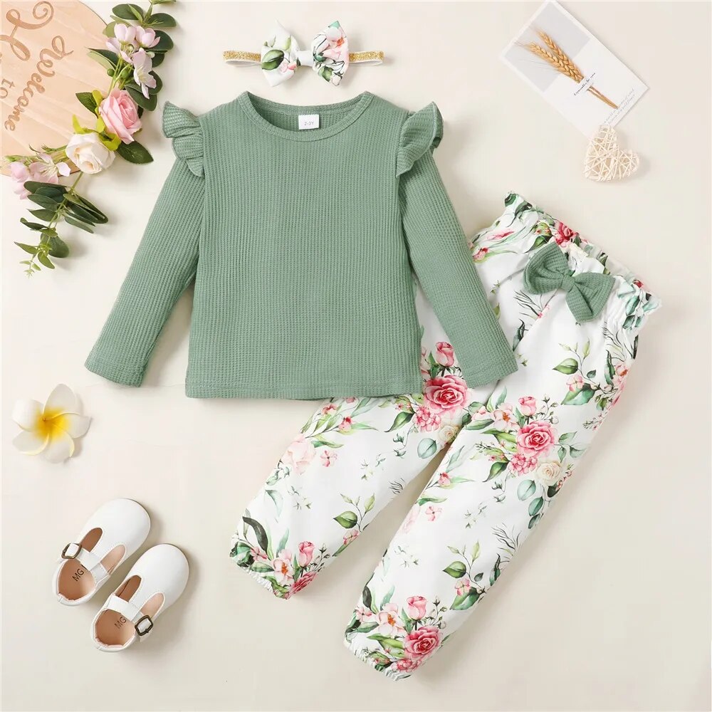 1-5 Years Kids Girl Long Sleeve Clothes Set Solid Color Ribbed Shirt+Floral Pants+Headband Autumn 3PCS Outfit for Toddler Girl