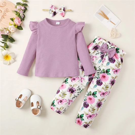 1-5 Years Kids Girl Long Sleeve Clothes Set Solid Color Ribbed Shirt+Floral Pants+Headband Autumn 3PCS Outfit for Toddler Girl