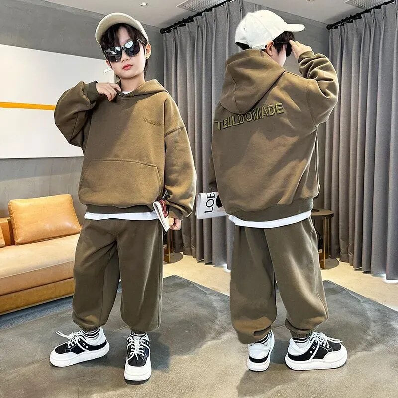 Autumn Children's Boy Clothes Set Letter Embroidery Hooded Pullover Top and Pant 2 Pieces Suit Kid Girl Tracksuits Loungewear