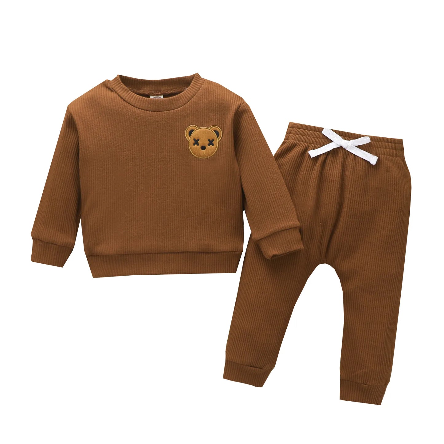 Toddler Boys Clothes Set Round Neck Long Sleeve Embroidered Bear Patch Tops Elastic Waist Long Pants Kids Autumn Casual Outfit