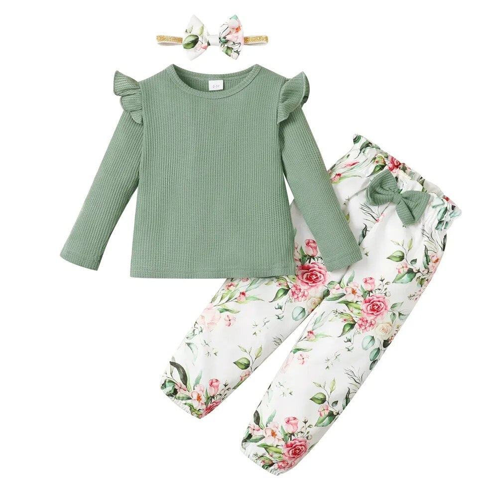 1-5 Years Kids Girl Long Sleeve Clothes Set Solid Color Ribbed Shirt+Floral Pants+Headband Autumn 3PCS Outfit for Toddler Girl