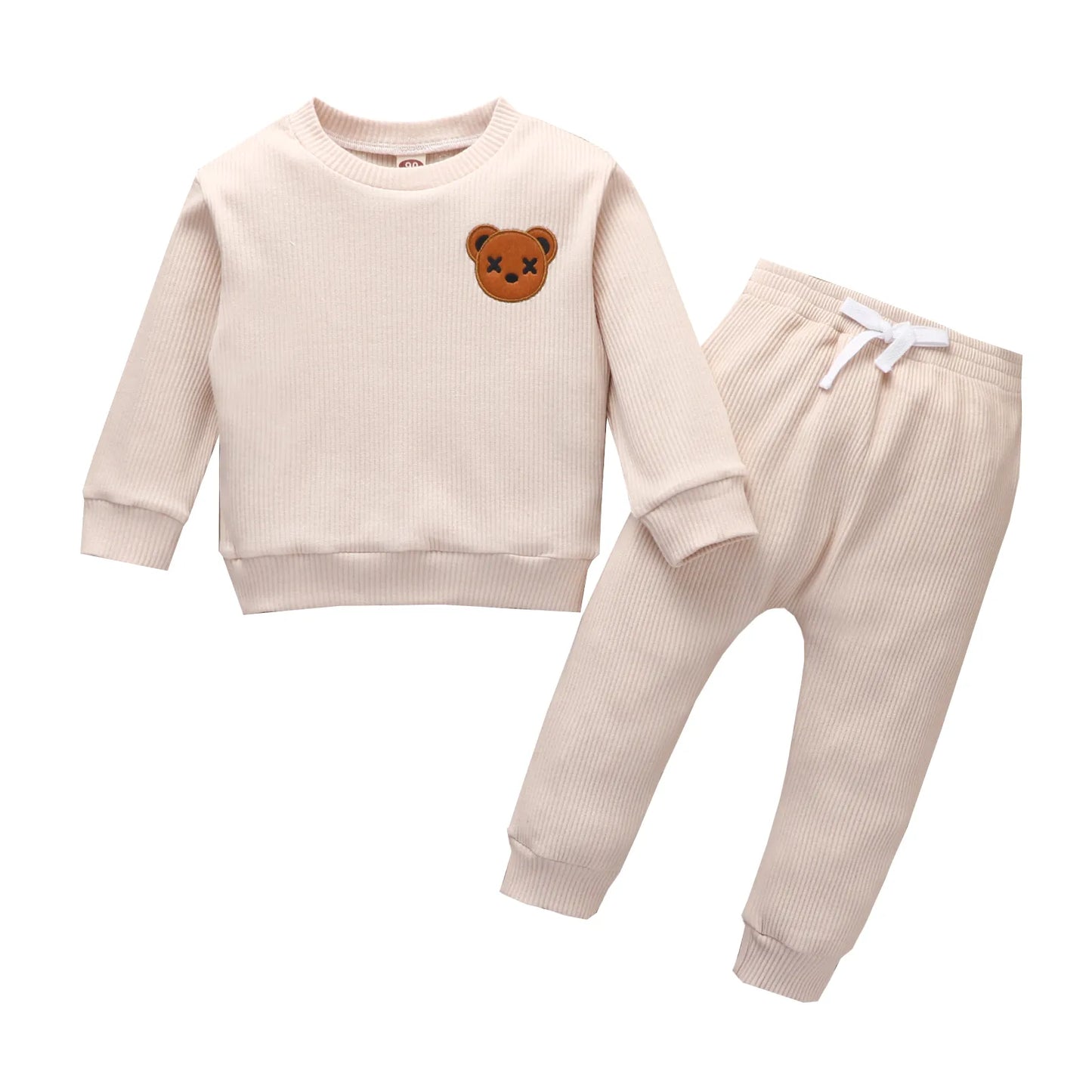 Toddler Boys Clothes Set Round Neck Long Sleeve Embroidered Bear Patch Tops Elastic Waist Long Pants Kids Autumn Casual Outfit