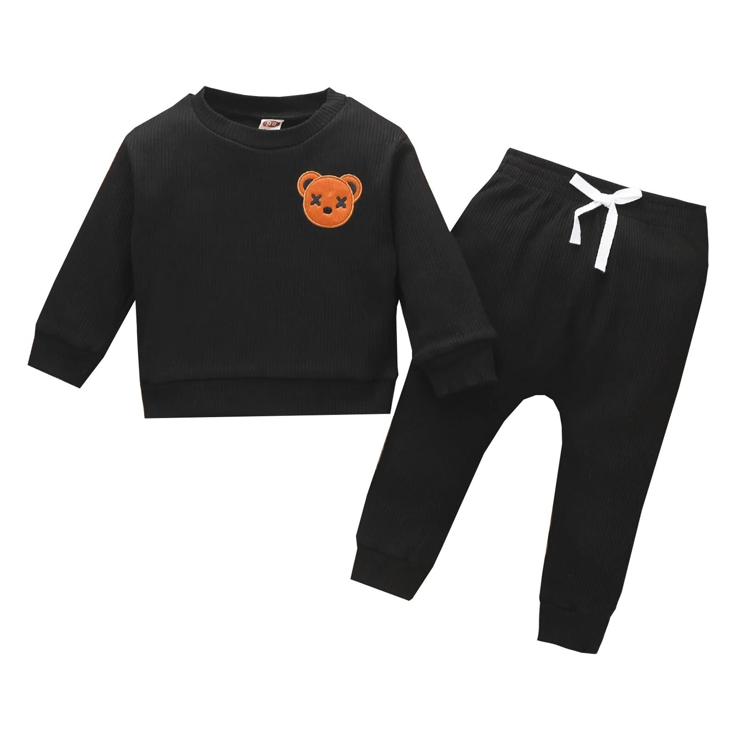 Toddler Boys Clothes Set Round Neck Long Sleeve Embroidered Bear Patch Tops Elastic Waist Long Pants Kids Autumn Casual Outfit