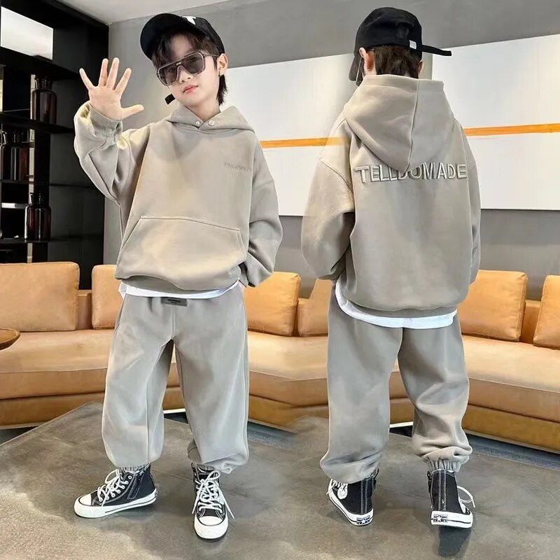 Autumn Children's Boy Clothes Set Letter Embroidery Hooded Pullover Top and Pant 2 Pieces Suit Kid Girl Tracksuits Loungewear