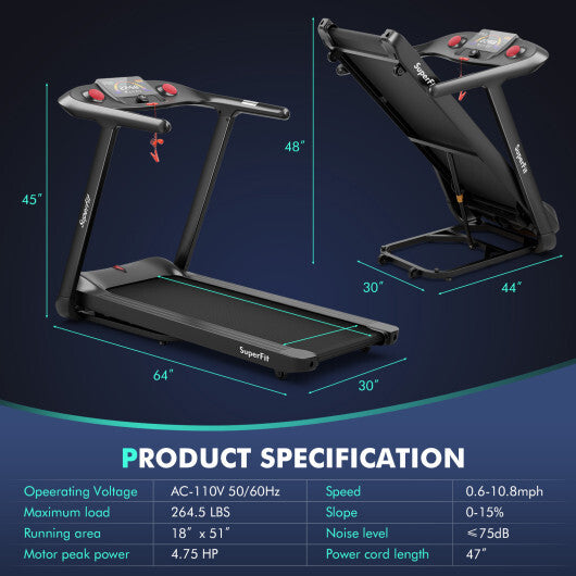 4.75HP Folding Treadmill with Preset Programs Touch Screen Control-Black