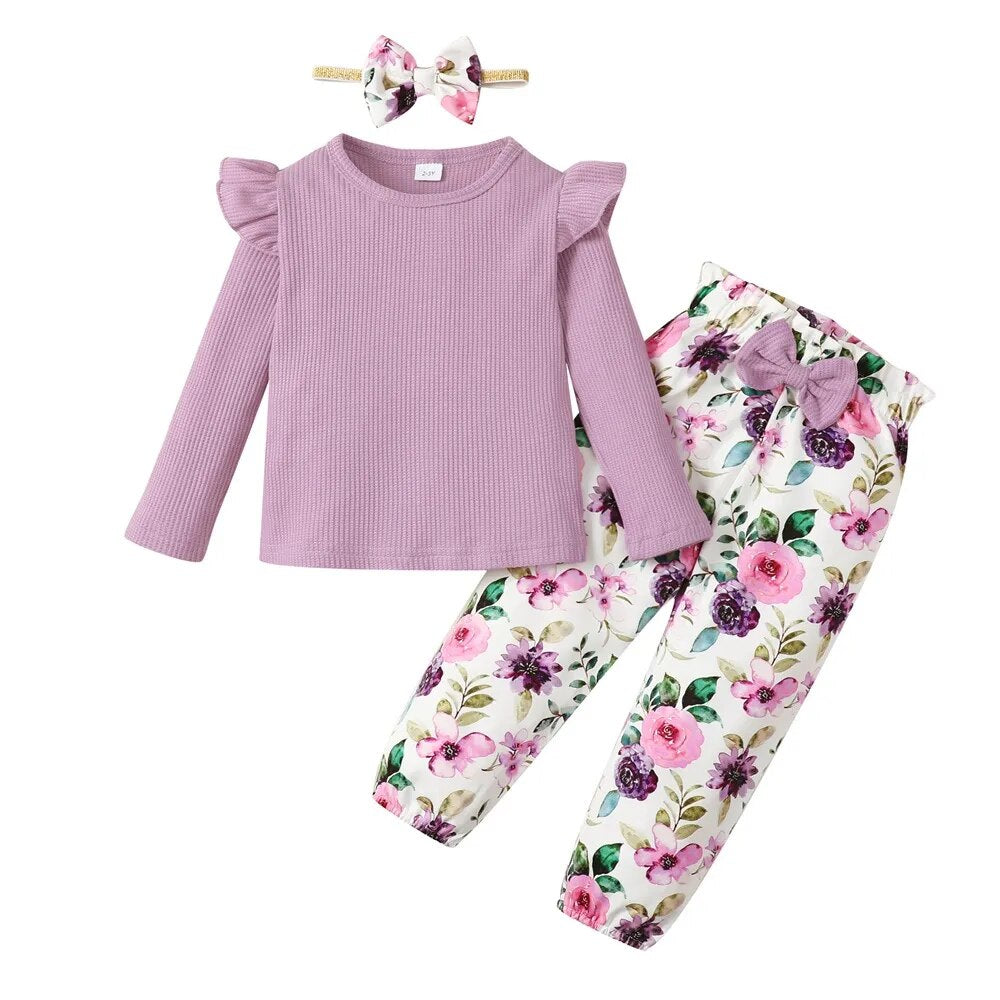 1-5 Years Kids Girl Long Sleeve Clothes Set Solid Color Ribbed Shirt+Floral Pants+Headband Autumn 3PCS Outfit for Toddler Girl