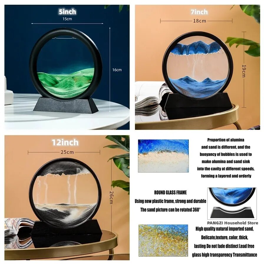 3D Moving Sand Art Picture Round Glass Deep Sea Sandscape Hourglass Quicksand Craft Flowing Sand Painting Office Home Decor Gift