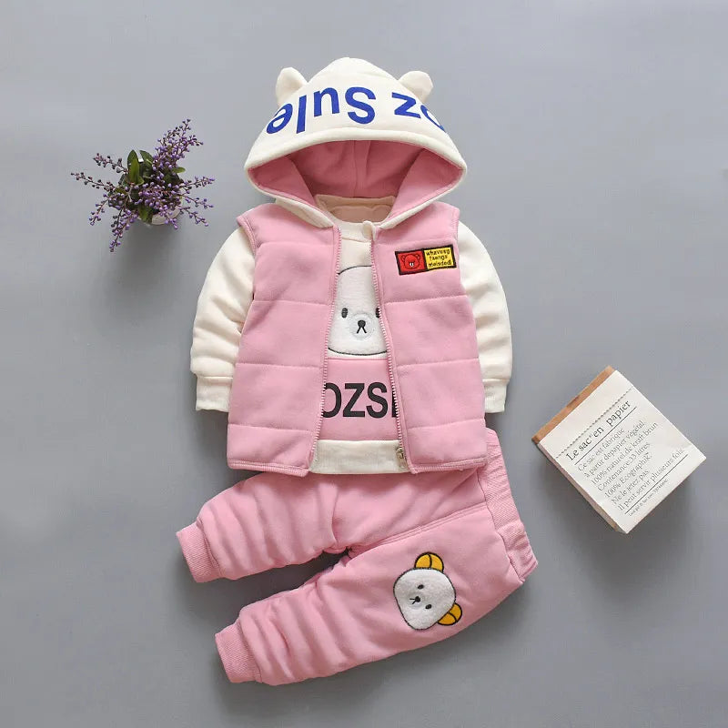 New Autumn Winter  Baby Girl Clothes Children Boys Thickened Hooded Vest T-Shirt Pants 3Pcs/Sets Toddler Costume Kids Tracksuits