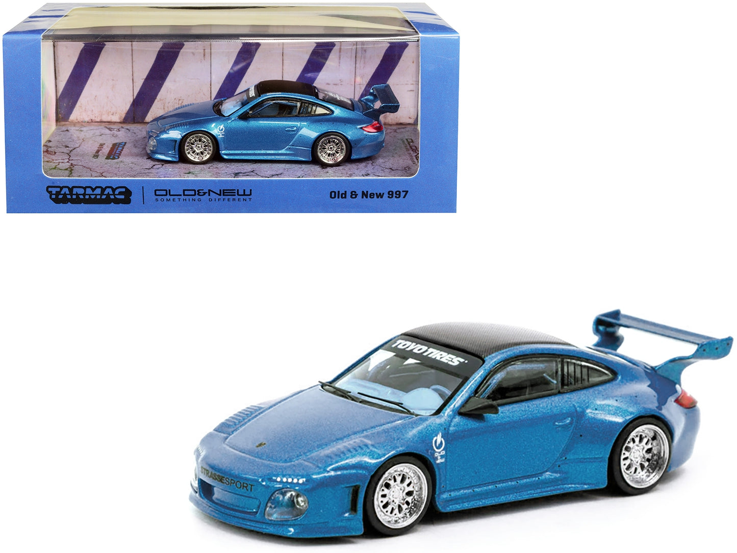 997 Old & New Body Kit Blue Metallic with Carbon Top "Toyo Tires" "Road64" Series 1/64 Diecast Model Car by Tarmac Works