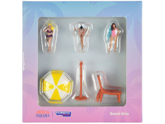 "Beach Girls" 5 piece Diecast Figure Set (3 Female Figures and 2 Beach Accessories) for 1/64 Scale Models by Tarmac Works & American Diorama