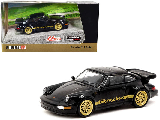 Porsche 911 Turbo Black with Gold Stripes and Wheels "Collab64" Series 1/64 Diecast Model Car by Schuco & Tarmac Works