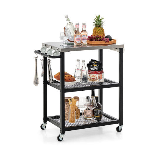 3-Tier Foldable Outdoor Stainless Steel Food Prepare Dining Cart Table on Wheels-Black