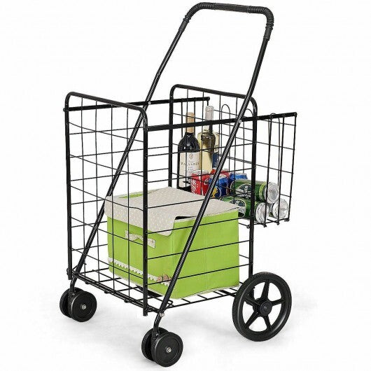 Folding Shopping Cart for Laundry with Swiveling Wheels and Dual Storage Baskets-Black