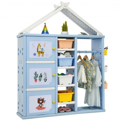 Kids Wardrobe Costume Storage Closet Pretend Dresser Hanging Armoire-Blue