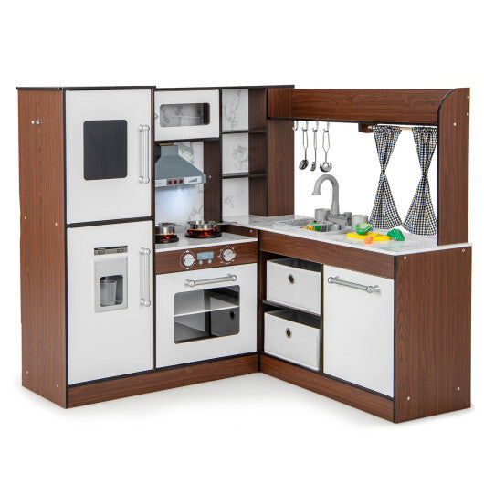 Wooden Corner Play Kitchen with Water Circulation System and Lights-Brown