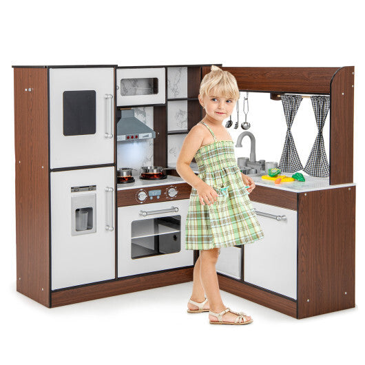 Wooden Corner Play Kitchen with Water Circulation System and Lights-Brown