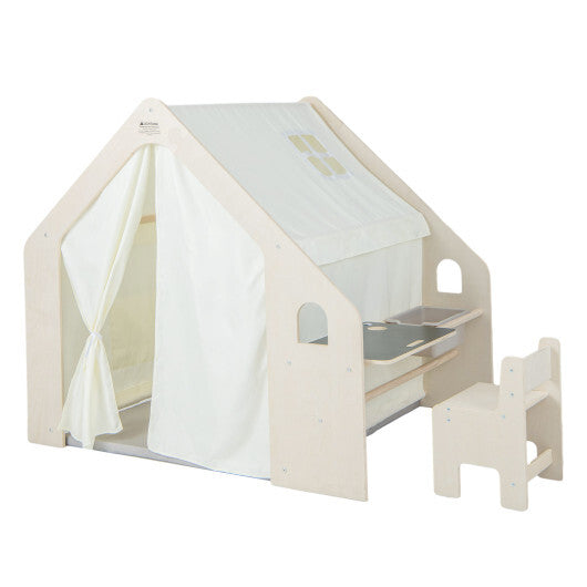 Montessori Style Indoor Playhouse with Storage Bin and Floor Mat for Toddlers Aged 2-6 Years Old-Beige